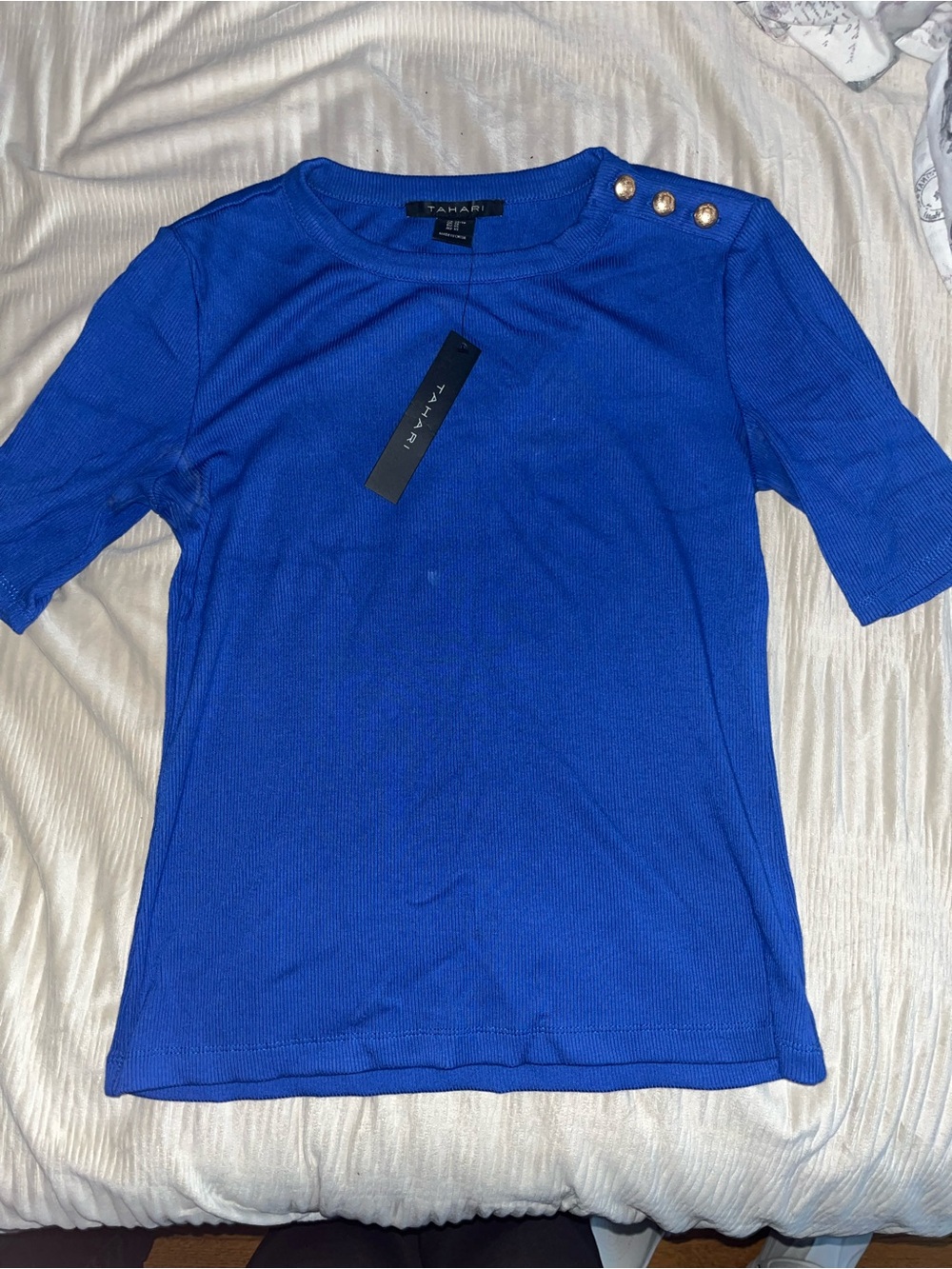 Tahari Women's Royal Blue Short Sleeve Button-Shoulder Top, XS but very stretchy